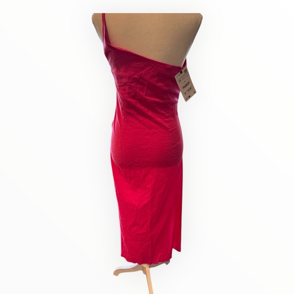 NWT ZARA Pink Linen Asymmetrical One Shoulder Midi Dress Sz M - Picture 9 of 10